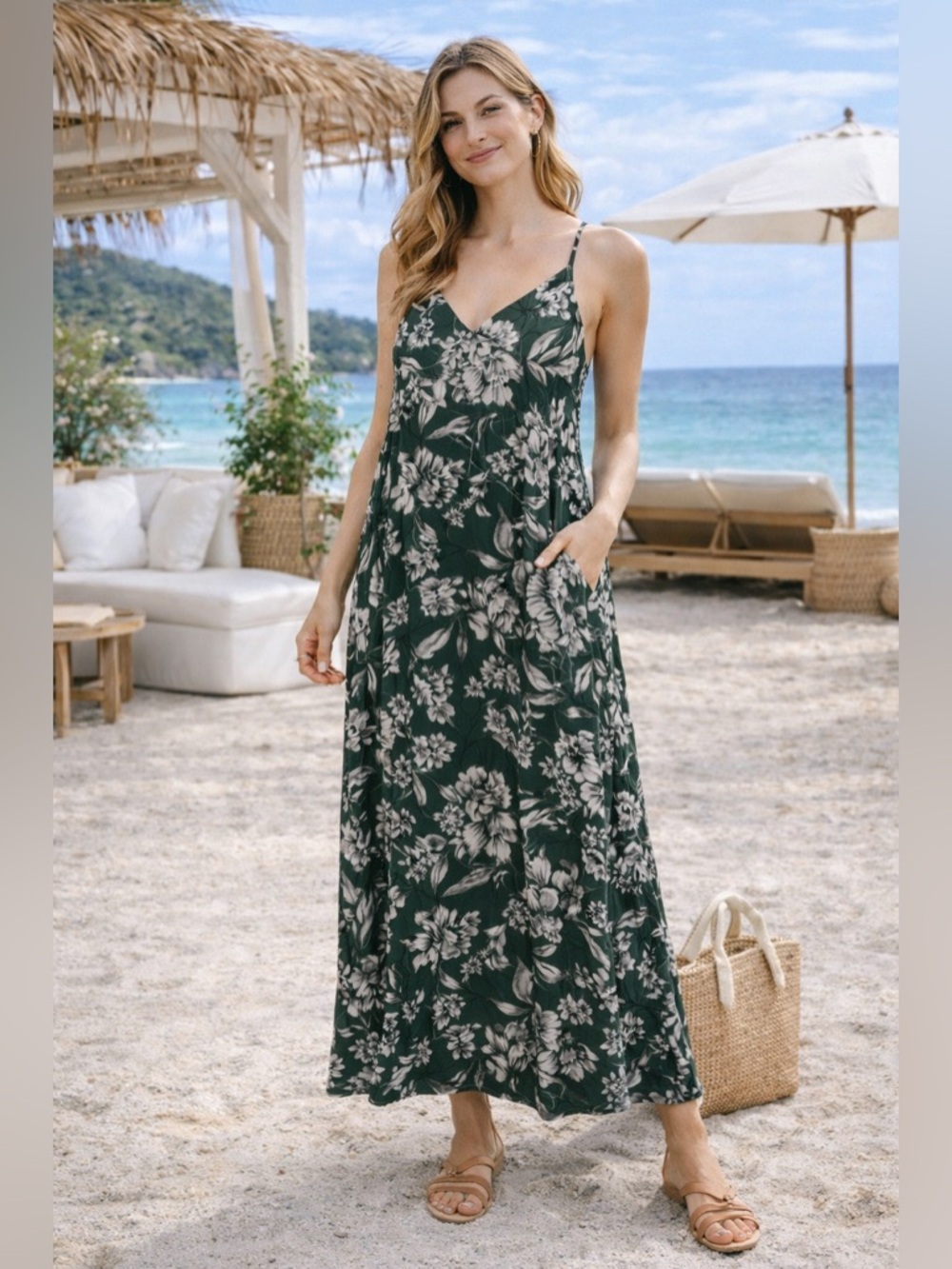 Nicole Miller Dark Green Floral Maxi Dress Boho Beach Slip Pockets Small